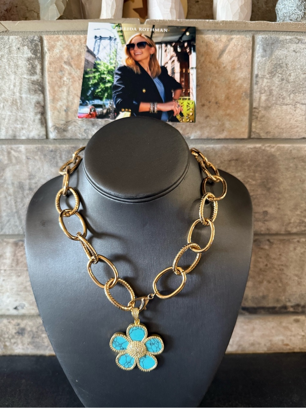 Freida Rothman Gold Chain Necklace with Turquoise Flower Pendant